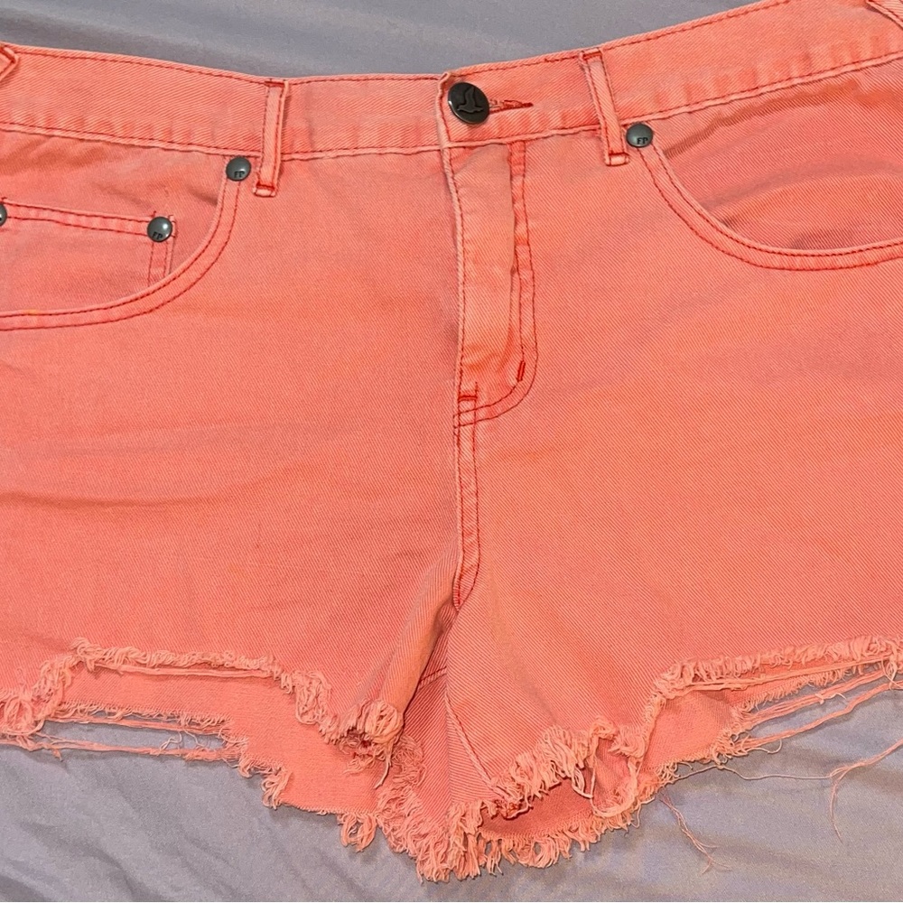 Free People Coral Frayed Jean Shorts